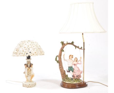 Two 20th century resin table lamps, comprised of an Academy lamp decorated with three flower fairy figures to the stand and a