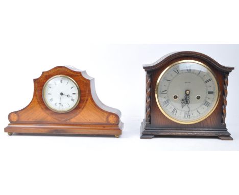 Victorian 19th century Smiths Enfield mahogany and slate with malachite inset 8-day mantel clock along with 8-day oak cased m
