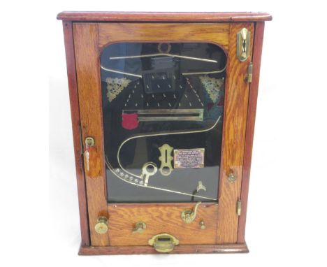 Vintage oak cased slot machine, 35cm x 15cm x 61cm 