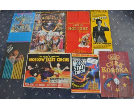 Twelve international themed circus poster to include Moscow State Circus, Circus Roncalli (largest poster present at 118x83.5