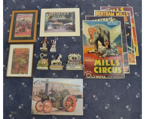 Collection of modern reproduction circus/fairground related ephemera to include 5 ceramic sculptures, 2 framed Ringling Broth