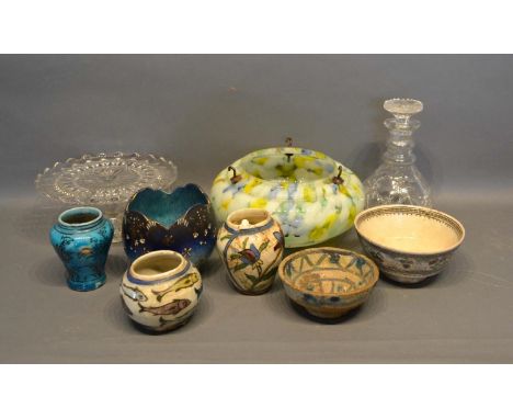 Three Persian Pottery Vases, Together With Two Similar Bowls, an Art Deco glass light fitting and three other items 