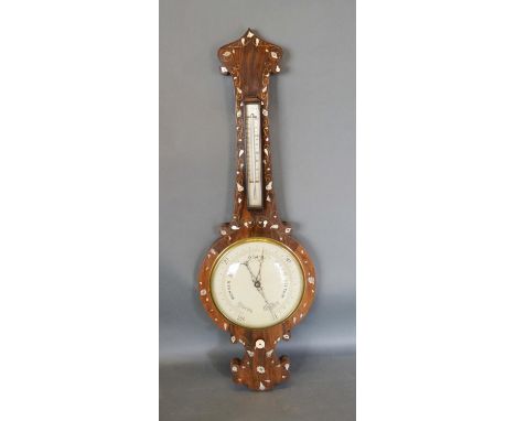 A 19th Century Rosewood and Foliate Mother Of Pearl Inlaid Wheel Barometer Thermometer, 102cm long 