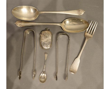 A Pair Of Sheffield Silver Table Spoons, Together With A Birmingham Silver Vesta Case, an Irish silver fork, two pairs of sil