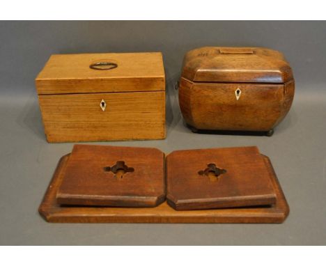 A 19th Century Mahogany Two Division Tea Caddy, together with another similar and a folding book stand of Gothic form 