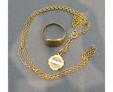 A 9ct. Gold Esso Long Service Pendant Set Solitaire Diamond with 9ct. gold chain, together with a 9ct. gold signet ring, 12g 