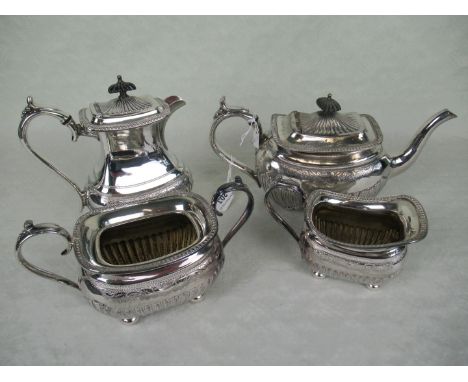 An Edwardian four piece silver plated tea set, comprising: teapot, water jug, twin handled open sugar bowl and milk jug.