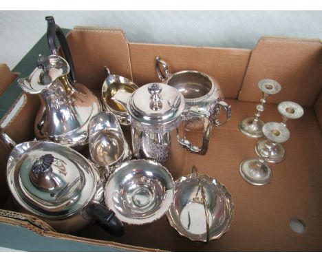 A four piece silver plated tea set, comprising: teapot, water jug, sugar bowl and milk jug, together with other items of silv