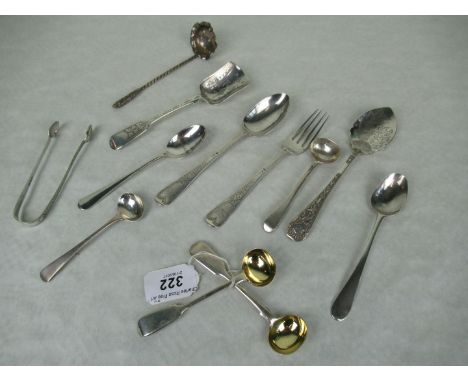 A quantity of 18th century and later silver flatware, to include: a marrow scoop, salt spoons and other items.