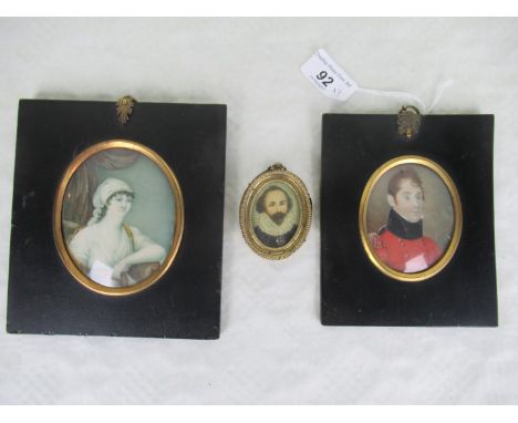 A 19th century oval portrait miniature, of a gentleman in military uniform, mounted in ebonised frame, 7cm x 5.5cm, together 