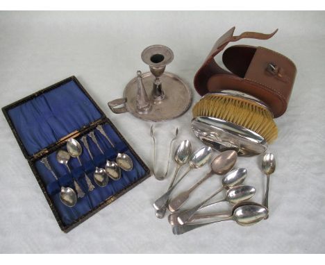 A pair of silver backed clothes brushes in fitted leather case, together with a cased set of six Victorian silver coffee spoo