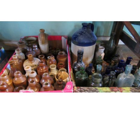 Two boxes containing a large quantity of 19th century and later stoneware bottles, various makers, together with a quantity o