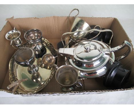 Two silver trophies, together with a quantity of silver plated items, to include: teapot, single handled tray, trinket box an