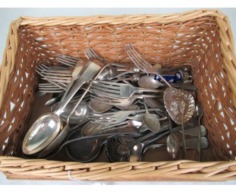 A quantity of silver and silver plated flatware, to include: a pair of silver sugar nips, pin dish, six silver plated Mappin 