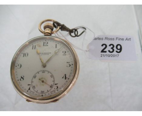 A 9ct gold cased pocket watch, the enamel dial bearing Arabic numerals, subsidiary seconds hand at 6 o'clock, signed J W Bens