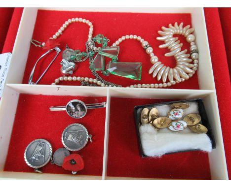 A collection of French enamel gilt buttons, together with a seed pearl necklace, two St Christopher's and other items of jewe