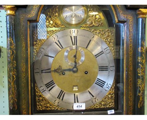 A 19th century green and gilt painted longcase clock, the eight day movement signed Joseph Lum, London, the silvered chapter 