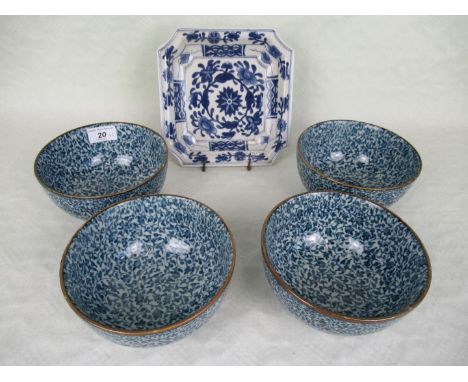 A Chinese square dish, having underglaze blue foliate decoration, printed seal mark to base, 20cm², together with a set of fo
