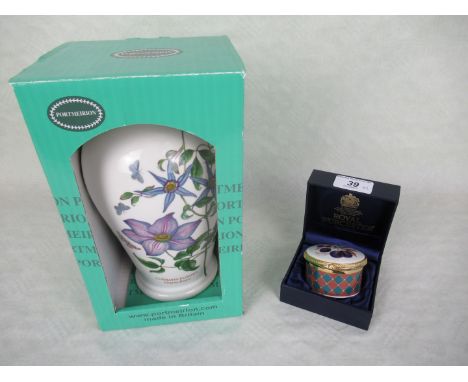 A Portmeirion Botanic Garden pattern vase, in original box, together with a Royal Worcester painted and enamel pill box, Conn