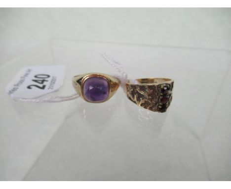 A 9ct gold amethyst set signet ring, together with a 9ct gold ruby three stone ring.  Condition Report: 8.0 gms