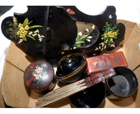 Box of papier mache trinket pots, cans etc