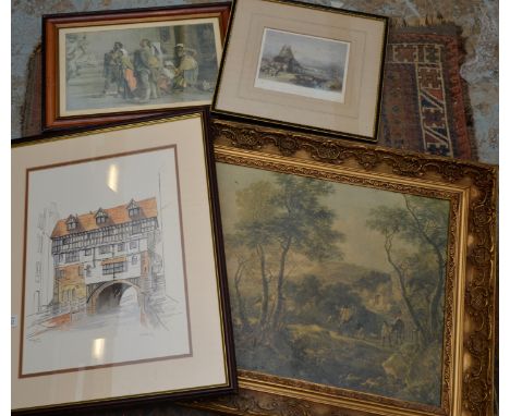 Framed pen and ink picture depicting 'The Glory Hole Lincoln', gilt framed oil on canvas, a- framed engraving entitled 'The C