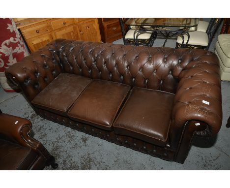 Three seater Saville style brown leather sofa