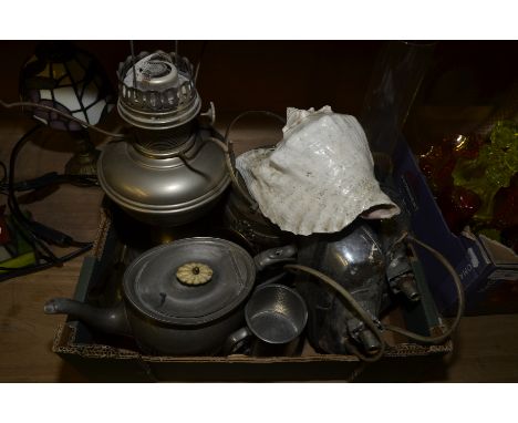 Stainless steel paraffin lamp, pair of Lucas car head lights, pewter teapot biscuit barrel, painted seashell etc.