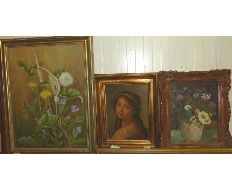 Framed oil on board depicting flowers signed Molly Kenington, gilt framed board print depicting young girl and a framed oil o