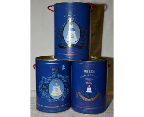 Three Bell's old scotch whisky commemorative bells with contents 