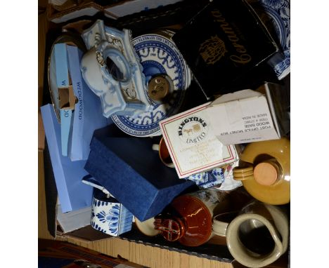 Bells scotch whisky, Wedgwood calendar plates, Ringtons commemorative mugs etc (two boxes)