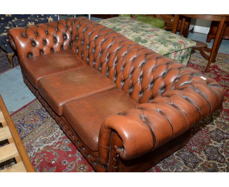 Brown leather three seat Chesterfield sofa