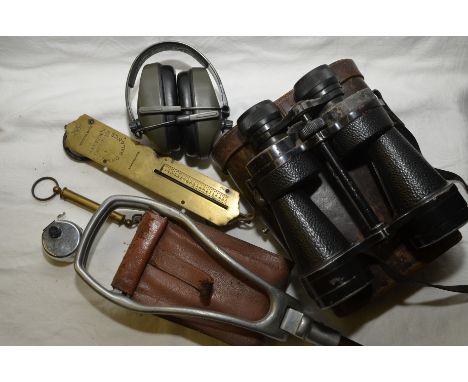 Cased pair of Ross London 10 x 50 binoculars, ear defenders, Salter's spring balance shooting stick etc