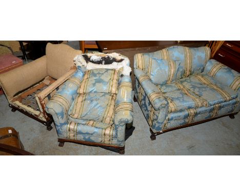 1930s style three piece suite comprising of two seater sofa and pair of matching armchairs with mahogany frame and lion paw s