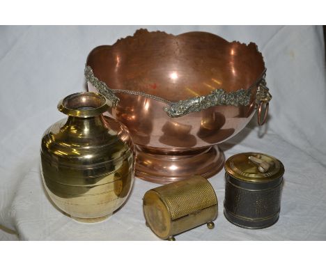 Large copper punch bowl, small brass trinket pot with engine turned decoration, brass tobacco jar and brass vase