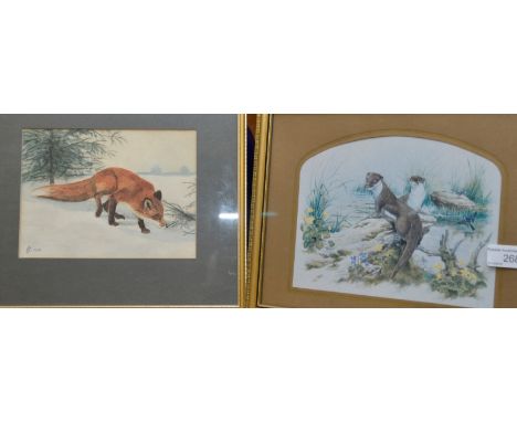 Framed print depicting otters and framed watercolour depicting fox signed PJO 1975 