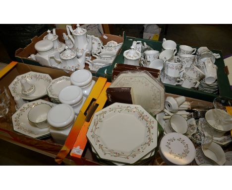 Extremely large selection of Johnson Brothers 'Eternal Bow' including cups, saucers, teapots, coffee pots, gravy boats, stora