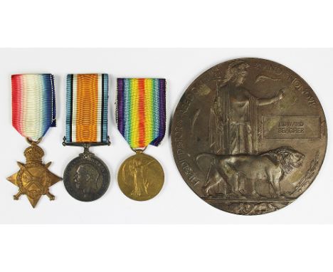 A World War One trio and death plaque to 13011 Pte E. Beacher Bedf R, comprising 1914/15 Star, BWM, VM and plaque named Edwar