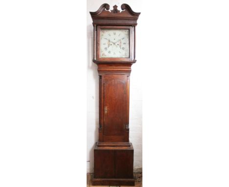 A George III Welsh oak longcase clock, the painted dial signed 'Watkin Owen Llanrwst', with movement striking on a bell, with