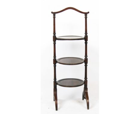 An Edwardian inlaid mahogany three tier cake stand, 89cm, with a mahogany circular occasional table, on tripod base, 40.5cm d