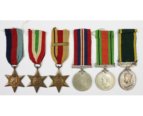 A World War Two medal group of six to T/81122 Sjt A. H. R. Julian R.A.S.C, comprising 1939/45 Star, Africa Star, Italy Star, 