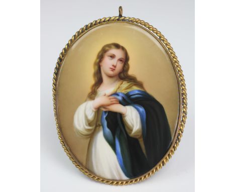 A Berlin type plaque, of oval form and enamelled with a portrait of a female figure in white robes with blue and yellow shawl