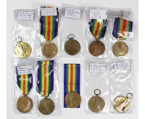 Ten World War I Victory Medals, comprising, S4-122331 Sjt R, J, Oram A.D.C; S-12474 Pte J. Porter R. Highrs; 9846 Pte R. C. F