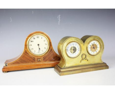 An Edwardian brass combination time piece and barometer, with presentation engraving to base, 21cm wide, with an Art Deco inl