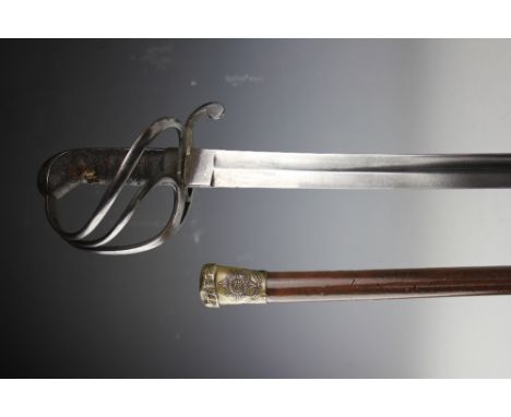 An 1821 pattern officers saber; with an Irish Guards swagger stick with number 2717279, (2)