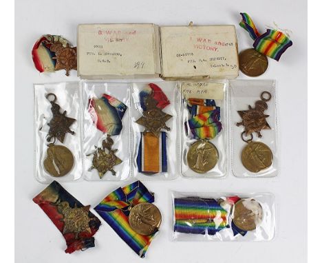 A collection of World War I medals, comprising, three trios with BWM and VM, 9711 Pte A. Barrett E. Kent R; 9722 Pte L. Edwar