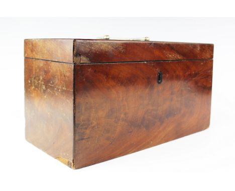 A Regency walnut tea caddy, the rectangular form caddy with white metal swing handle and inset plaque intialled 'WHD', hinged