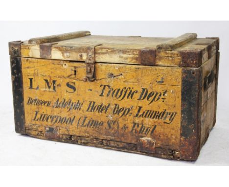 A London Midland and Scottish Railway trunk, the painted pine trunk with painted instruction to the front 'LMS Traffic Dept b
