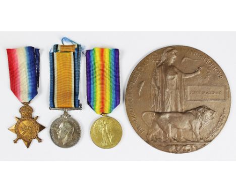 A World War One trio and death plaque to 17118Pte J. Mandley N. Staffs. R, comprising 1914/15 Star, BWM, VM and plaque. John 