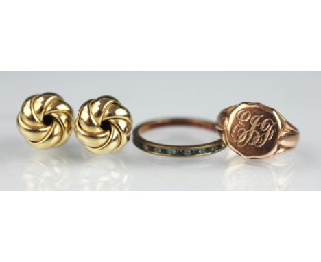 A pair of 9ct yellow gold entwined knot stud earrings, weight 3.1gms, along with a 9ct gold signet ring, 4gms, and a paste se